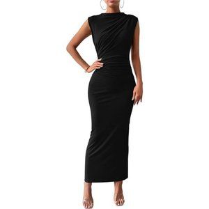BTFBM Women's Ruched Bodycon Dress Summer Casual Sleeveless Back Slit Elegant